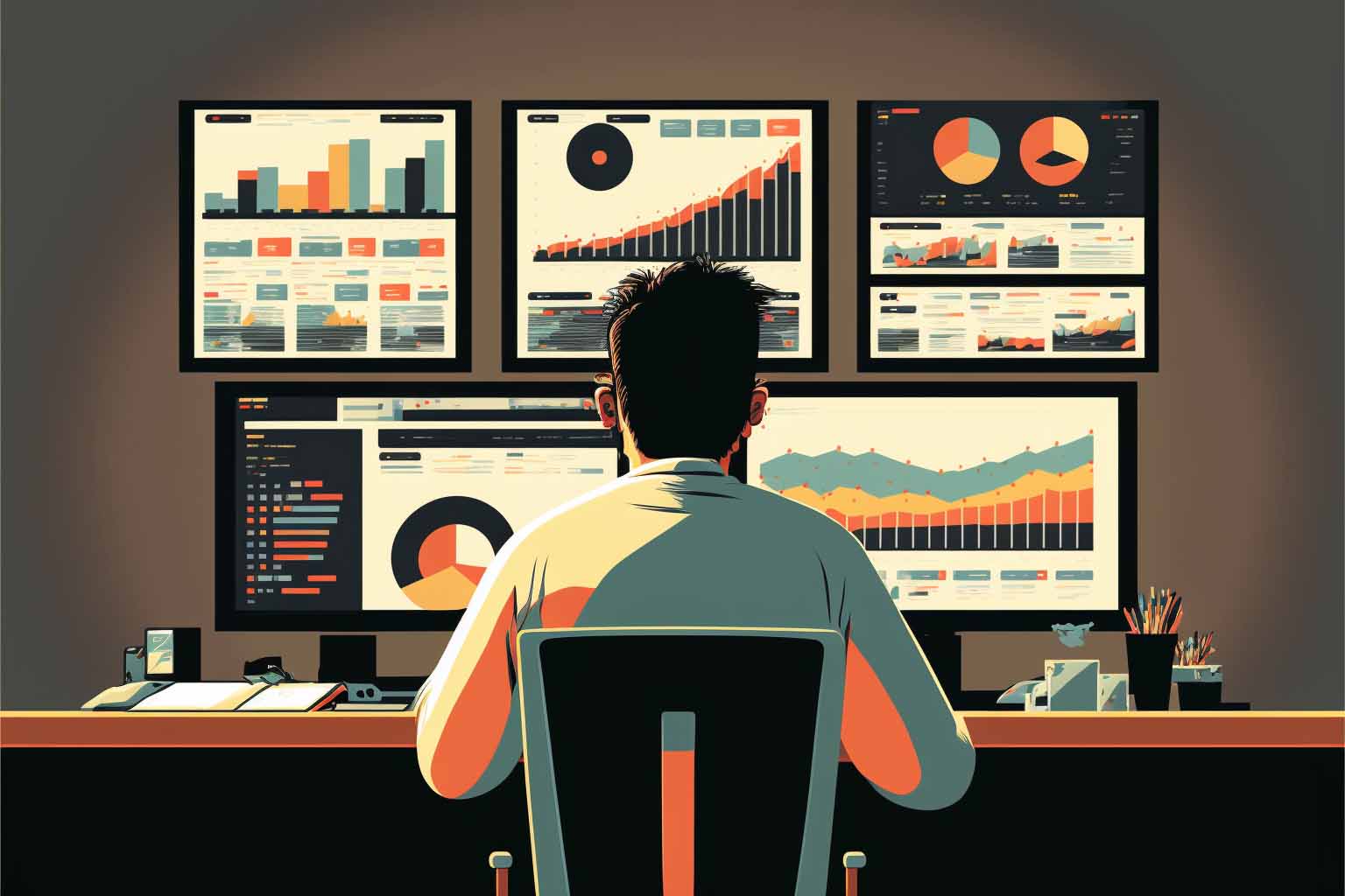 man sitting at a desk with multiple screens showing graphs and data